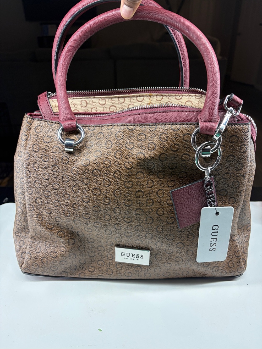 GUESS Brown Satchel with Burgundy Handles